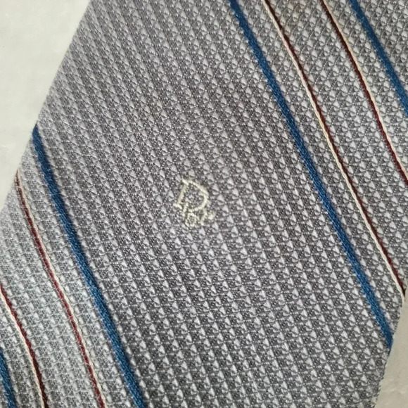 CHRISTIAN DIOR vintage men's gray blue red white striped career office necktie - Picture 2 of 6